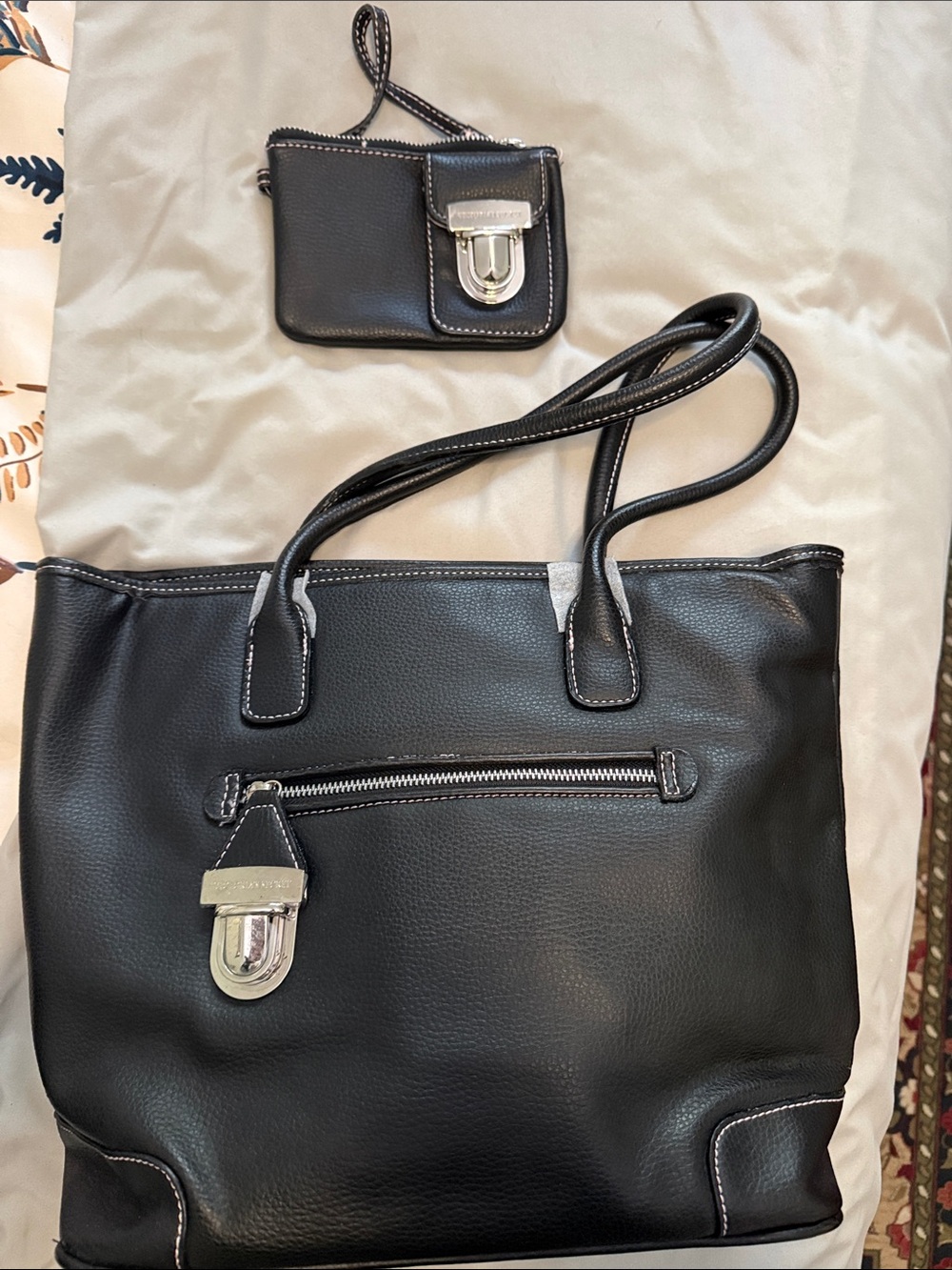 Victoria's Secret Black Pebbled Tote with Silver Hardware and Card Case